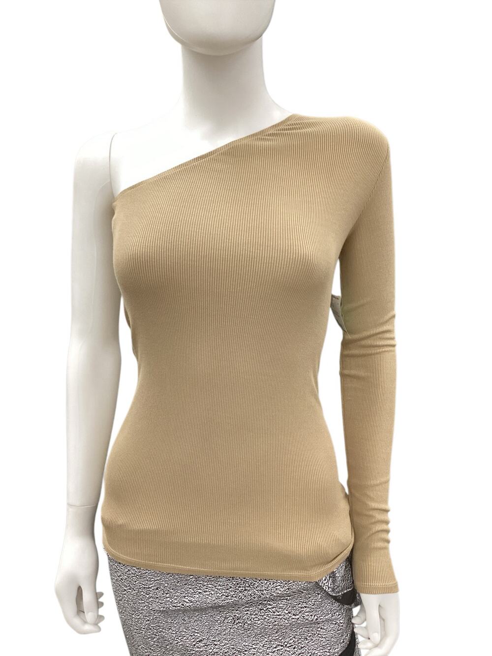 NWT Enza Costa Top Women’s SZ S Long Sleeve One Arm Ribbed Light Knit LightBrown